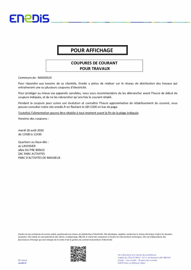 Coupure de courant 18/08/2026 de 10h00 à 11H00